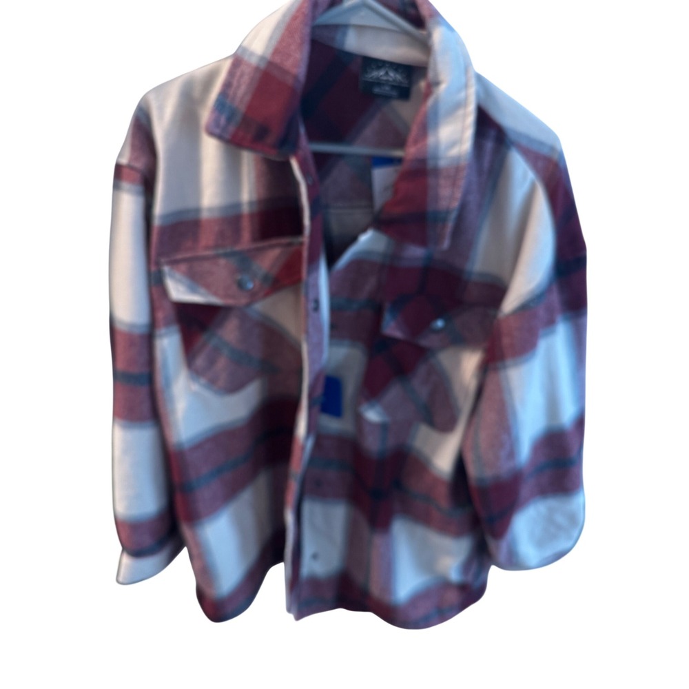 Rugged Plaid Flannel Shirt Jacket Burgundy Cream Heavyweight Shacket Large